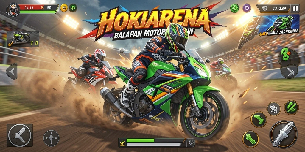 Gameplay HOKIARENA yang mendebarkan dengan balapan motor.
