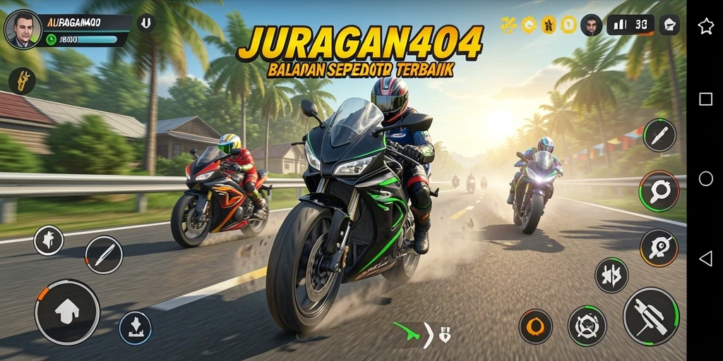 Screenshot JURAGAN404 menampilkan aksi balapan yang mendebarkan.
