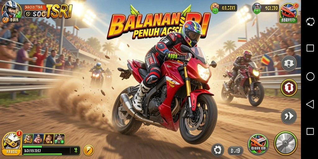Tangkapan layar gameplay SLOTSRI yang penuh aksi balapan motor.