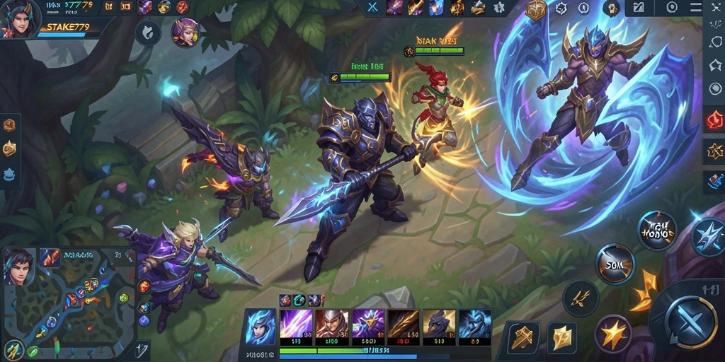 Tangkapan layar gameplay STAKE779 yang menunjukkan aksi MOBA yang mendebarkan.