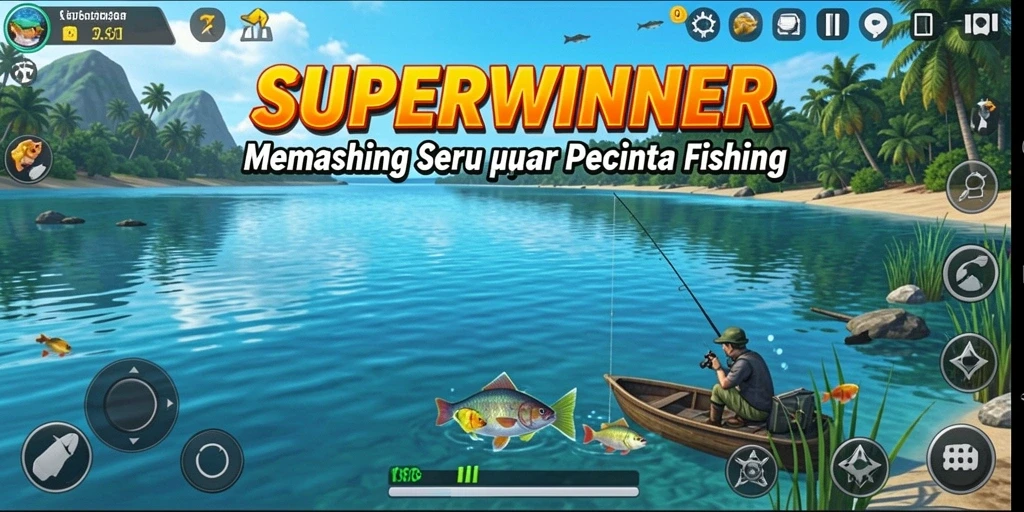 Tampilan gameplay seru dalam SUPERWINNER dengan berbagai variasi ikan.